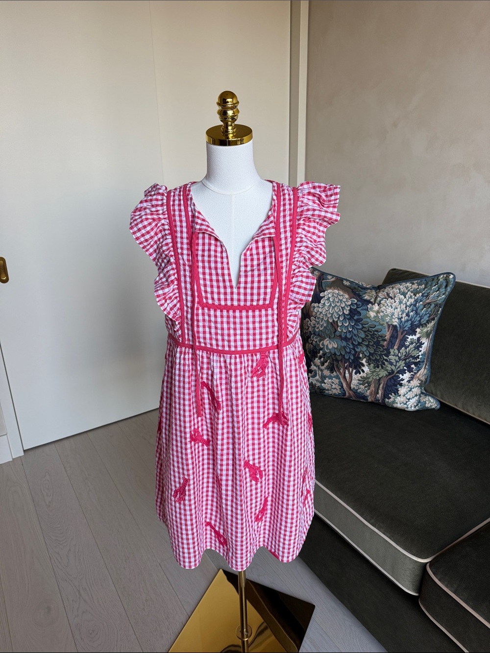 Vineyard Vines Women's Bibbed Printed Flutter Sleeve Dress Lobster Gingham Red